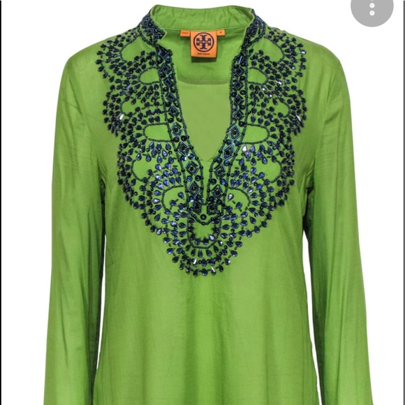 TORY BURCH TUNIC BEADED GEMS SEQUINED GREEN SAPPHIRE BLUE 2 LONG SLEEVE SHIRT SF - Picture 1 of 16